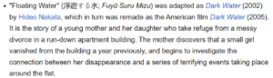 "Floating Water" (浮遊する水; Fuyū Suru Mizu) was adapted as Dark Water (2002) by Hideo Nakata, which in turn was remade as the American film Dark Water (2005). It is the story of a young mother and her daughter who take refuge from a messy divorce in a run-down apartment building. The mother discovers that a small girl vanished from the building a year previously, and begins to investigate the connection between her disappearance and a series of terrifying events taking place around the flat.